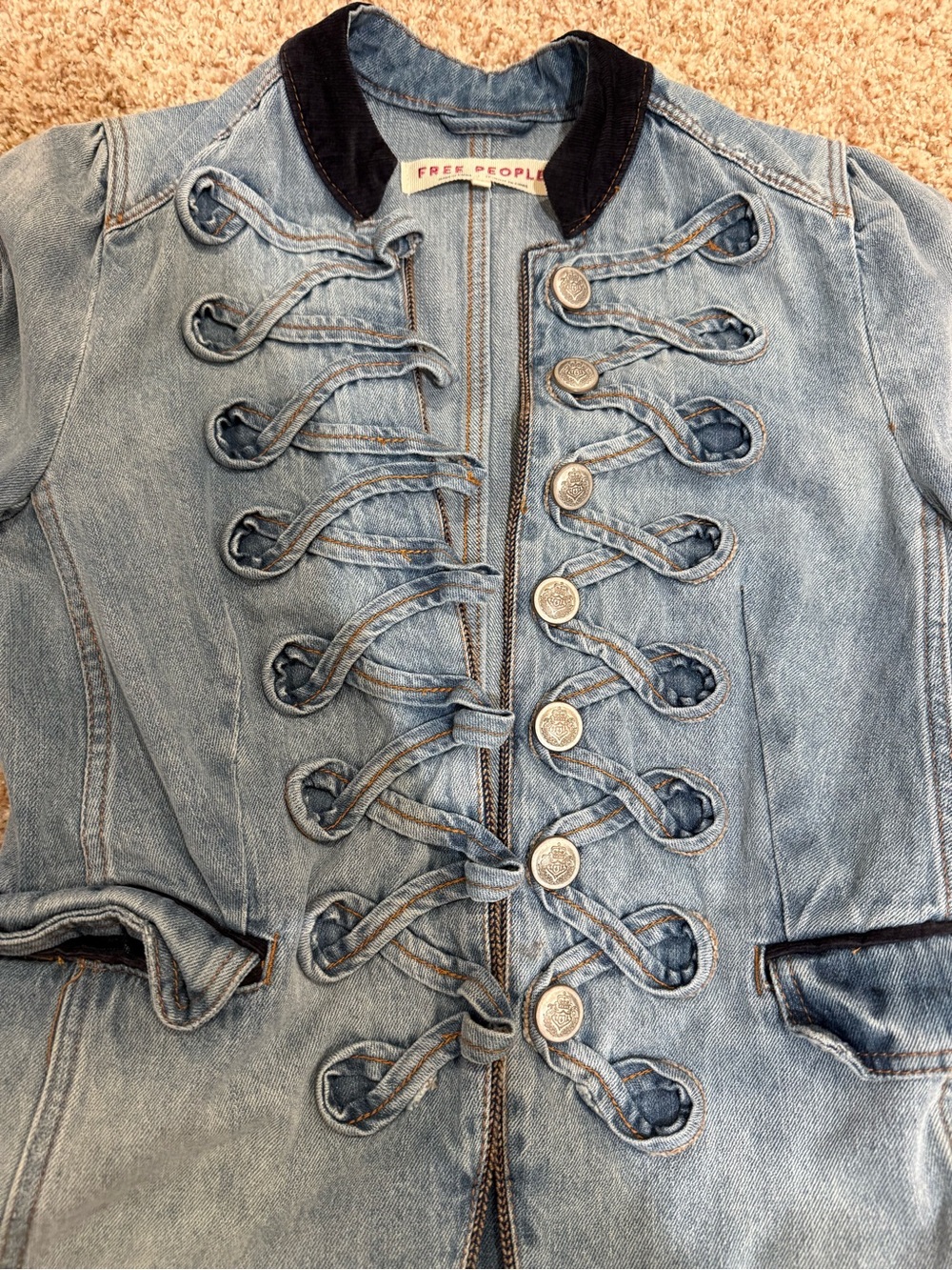 Free People Light Blue Denim Military-Style Jean Jacket with Dark Trim - Picture 2 of 8